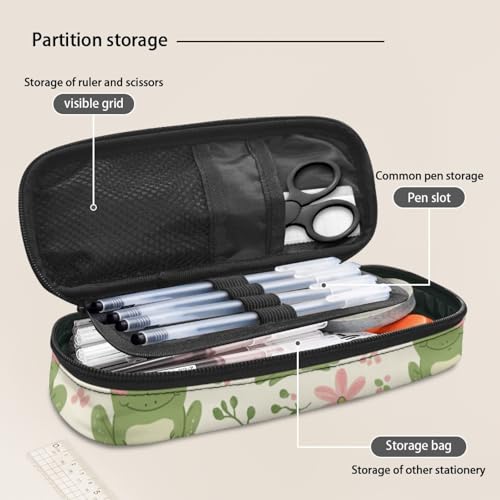Image of Cute Frog Pencil Box for Girls Floral Pen Pouch Bag with Slots Large Capacity Pencil Case with Zipper Lightweight Pen Box Stationery Bags