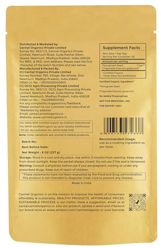 Image of CARMEL ORGANICS Fenugreek /Methi Seeds (Whole, 227 Grams) | Jaivik Bharat Certified