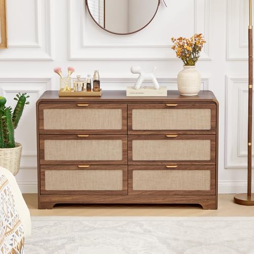 RUSTYER 6 Drawer Dresser for Bedroom, 48\" Wide Curved Wooden Dresser with Natural Linen & Metal Handle, Mid Century Modern Chest of Drawers Closet Clothes Storage Organizer for Living Room, Walnut