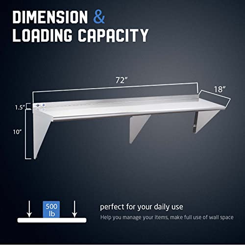 Image of Profeeshaw NSF Stainless Steel Shelf 18 inch x 72 inch, Commercial Wall Shelving | 500 lb, Wall Mounted Metal Shelves, with Backsplash and 3 Brackets, for Restaurant, Bar, Utility Room, Kitchen and Garage
