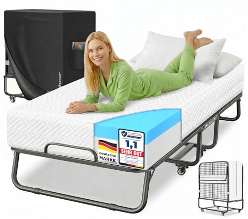 KESSER® Cama Plegable de 200 x 90 cm para Invitados, Incluye colchón de Espuma viscoelástica y Ruedas, Cama de Viaje Plegable con Marco de Metal Que soporta hasta 250 kg