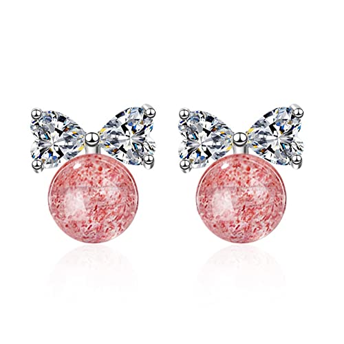 TTDGYYXW Pendientes Elegantes de Gama Alta con Lazo de Cristal y Piedras Preciosas de Color Fresa para Mujer