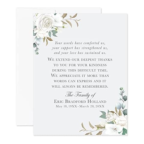 Hello Love Goods White Floral and Gray Funeral Thank You Cards, Sympathy Acknowledgement Cards, 4.25x5.5 Flat Bereavement Notes with Envelopes Cover