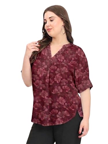 Image of SINDOORI Relaxed Fit Tops for Women Plus Size Solid Printed Mandarin Collar, Band Collar, V-Neck Top, Half Sleeve Loose Fit