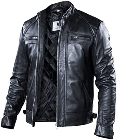 TLC Leather Motorcycle Jacket Men - Black Real Leather Jacket for Men in Sizes from XXS to 3XL - Lambskin Leather Jacket