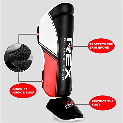 Rex Sports Shin Guards for Muay Thai, Kickboxing, MMA Fighting and Training, Instep Leg Protector Foam Pads for Martial Arts, Sparring, Protective Gear for BJJ and Boxing (S, Black/Red) - Thumbnail 3