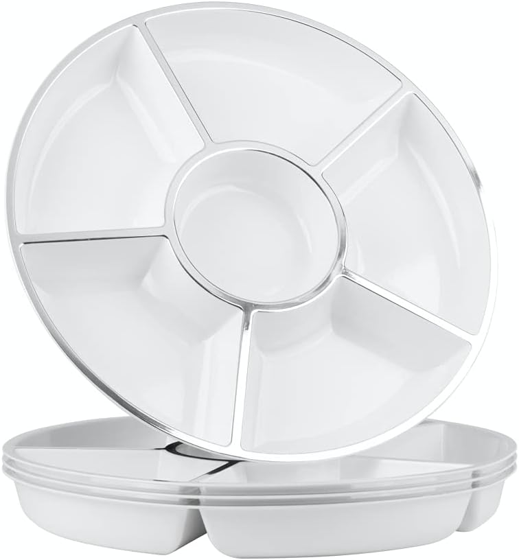  | Party Bargains 6 Sectional Round Plastic Serving Tray, Size: 12 inch, Color: White/Silver, Pack of 4: Platters