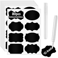 Poeland 80pcs Chalkboard Label Stickers, 8 Assorted Shapes with 2 White Chalk Marker, Reusable Waterproof Label for Jar, Storage Bin, Containers
