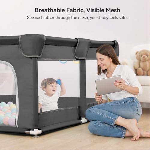 Image of COMOMY Playpens for Babies and Toddlers, 74 inchx50 inch Playard Extra Large, Safe and Non-Slip Baby Fence, Full Mesh Design, Indoor & Outdoor Kids Activity Center, Play Pens (Dark Grey)