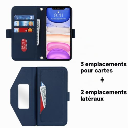Cavor Coque Compatible avec iPhone 14 Pro Max Etui avec Cordon,Flip Portefeuille Étui Cuir,[5 Porte Cartes][Miroir][Magnétique][Réglable Collier] Housse - Bleu – vue 3
