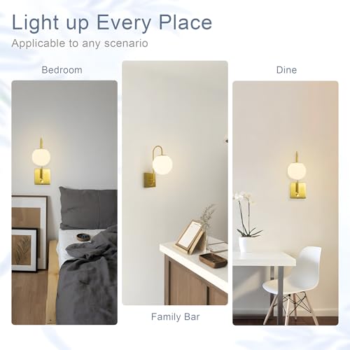 Image of Plug in Wall Sconces Set of 2 Dimmable Glass Globe Wall Lights with Switch Brass Gold Wall Sconce with Hardwired or Corded E12 Bulb Compatible 3000K Warm White for Bedroom Living Room