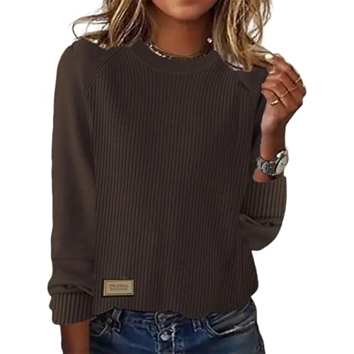 LOZ Women's Fall Sweaters Ribbed Knit Long Sleeve Loose Pullovers 2025 Casual Solid Color Jumper Tops with Label Detail