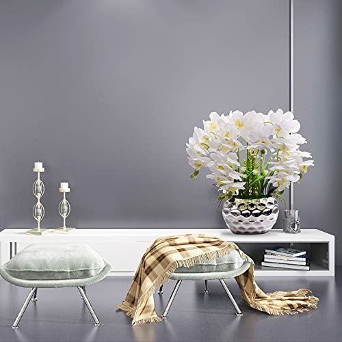 Faux Orchid Artificial Flowers With Silver Ceramic Vase, Artificial Plants For Home Table Decor Indoor #TOP6