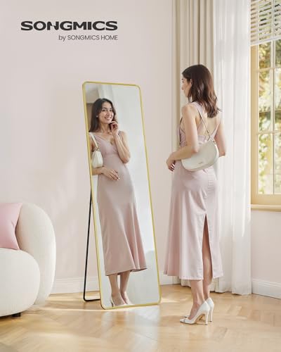 SONGMICS Specchio a Figura Intera, 150 x 40 cm, Specchio da Terra Rettangolare con Supporto, Cornice in Lega di Alluminio, Vetro Temperato, Camera da Letto Soggiorno, Oro Pallido LFM034AB01 - Immagine 1