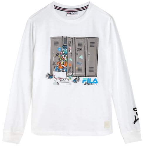 Fila Boys Long Sleeve Shirts - Soft Cotton Blend Long Sleeve Jersey Graphic Tees for Boys - Casual Fashion Kids Clothes, Size 8, White Nick