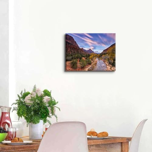 Image of Zion National Park Mountain Canvas Wall Art for Living Room, Nature Sunset Wall Decor Utah Mountains Picture Painting Lake Landscape Poster Prints Wilderness Artwork Home Office Decorations 12x16 inch