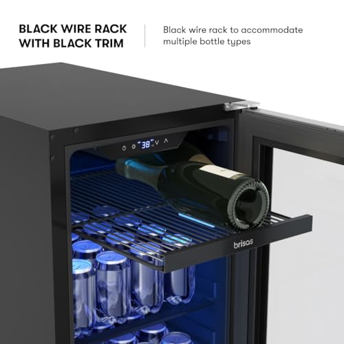 Image of Zephyr Brisas 15 Inch Slim Beverage Fridge Single Zone Under Counter - Narrow Mini Wine & Drink Cooler Small Cabinet Wine Refrigerator Home Bar Freestanding with Glass Door - 4 Bottles, 64 Cans