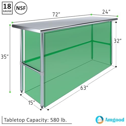 Image of AmGood Stainless Steel Work Table Open Base | Metal Work Bench (Stainless Steel Table Open Base, 72 inch Long x 24 inch Deep)