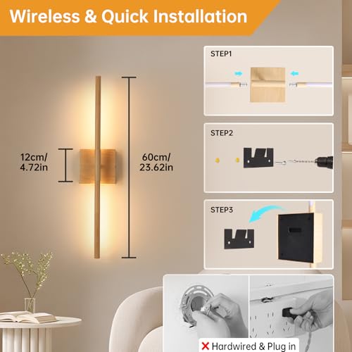 Image of Shenmoyl Battery Operated Wall Sconce Set of 2, 8000mAh Rechargeable Wall Sconces, 3000K-6000K Dimmable, 350Rotate, Indoor Wall Lights for Bedroom Living Room, Original Wood, 23.6 Inch