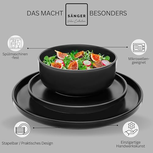 SÄNGER Madeira | Steingut Geschirr Set 18 tlg, Teller Set 6 Personen, Geschirrset 6x Speiseteller 6x Müslischalen 6x Dessertteller, Tafelservice schwarz kratzfest, Essgeschirr matt | VALUE COLLECTION