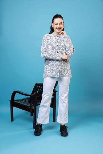Image of Wear lusso Women Woolen Round Neck Self Design Cardigan | Heavy Hair Fabric Winter Wear | Pure Wool Long Cotty Fully Warm Cardigan Sweater