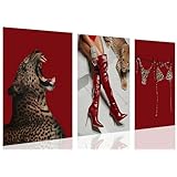 レッドヒョウキャンバスウォールアートプリント トレンディなチーターウォールデコファッションレトロロングブーツポスターシックビキニペインティング美学動物写真寝室リビングルームバスルーム30.5x45.72cm フレームなし