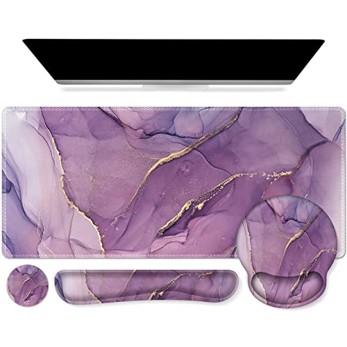 Icasso Desk Mat, Gaming Mouse Pad Wrist Support Set,4In1 Xxl Large Mousepad + Keyboard Wrist Rest+Mouse Wrist Rest+Coaster Set With Ergonomic Design For Home Office Table Computer-Purple Marble #TOP9