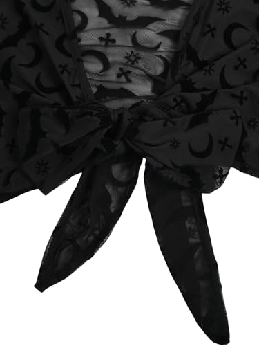 Verdusa Women's Y2k Gothic Clothes Sheer Mesh Top Tie Bell Sleeve Printed Wrap Blouse Shirt4