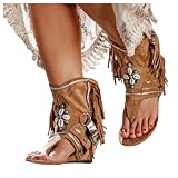 SACFOF Womens Flat Tassel Gladiator Sandals Summer Bohemian Back Zipper Fringe Sandals Dressy Thong Sandals