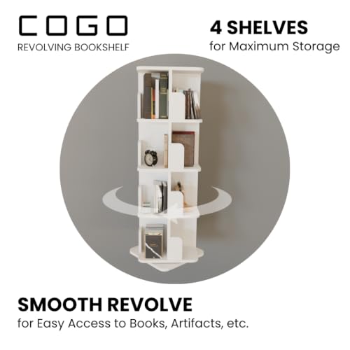 Image of COGO 4 Tier Revolving Bookshelf | 360 Smooth Revolve Mechanism | 52 x 18 x 18 inch | 130 Books Capacity | 17 mm Engineered Wood | Bookcase | Showcase | Do-It-Yourself | Colour: White