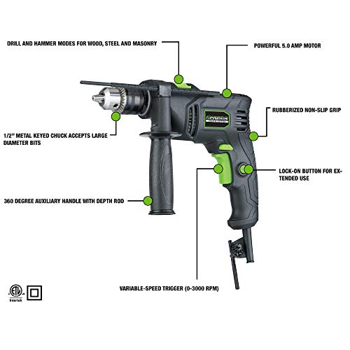 Genesis GHD1250SE 1/2 5.0A Hammer Drill Vsr With Auxiliary Handle, Chuck Key And Key Holder And 5Ft Power Cord Ghd1250Se thumb #1
