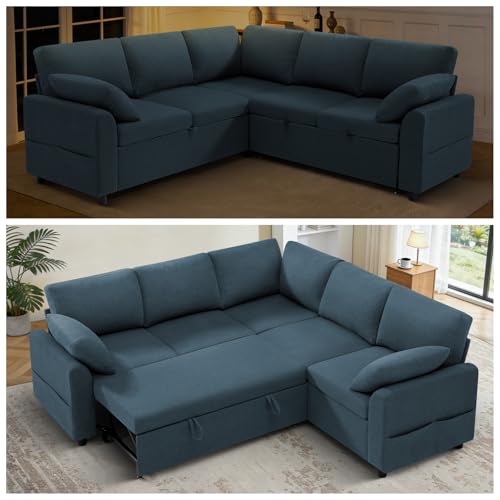 Image of 87 inch Fabric Sectional Sofa w /Pull Out Bed & Storage Space, Blue