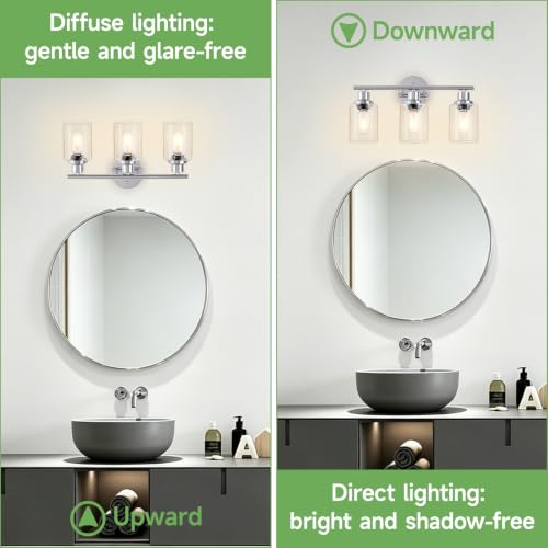 Image of 3-Light Bathroom Light Fixtures, Modern Chrome Vanity Lights for Bathroom with Clear Glass Shade, Wall Lamps for Mirror Hallway Kitchen Cabinet Living Room Sconces Lights