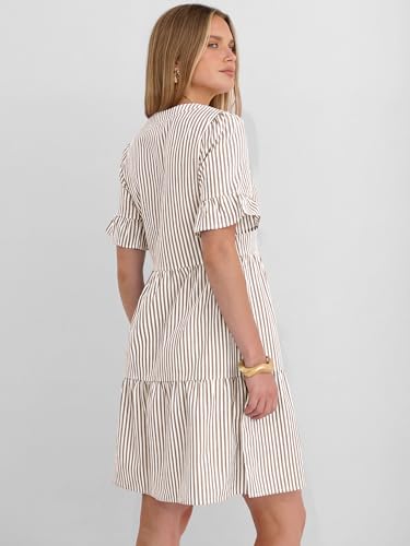 Image of Caracilia Dresses for Women Summer 2026 Striped V Neck Ruffle Sleeve A Line Tiered Flowy Casual Mini Beach Dress with Pockets