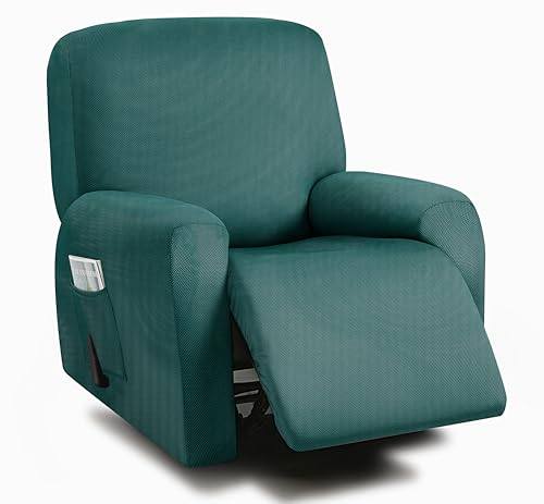 ULTICOR 4-Piece, 1 Seat Recliner Cover, Yarn Dyed Reclining Chair Covers for 1 Cushion Reclining Sofa, Single Seat Recliner Couch Cover, Soft, Machine Washable (Deep Teal, Recliner Cover)