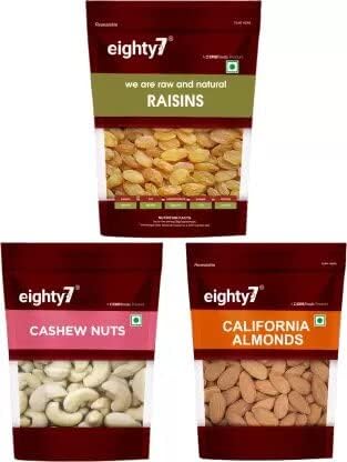 Mixed Dry Fruits Nuts Combo - California Almonds, Cashews and Raisins, Raw Dried Fruits, 750g