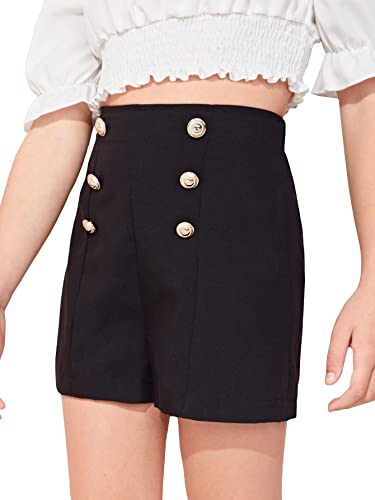 Wdirara Girl's High Waisted Wide Leg Casual Pleated Double Breasted Solid Girls Shorts Black 160 #TOP7