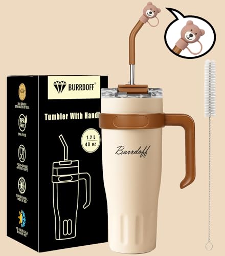 Image of Insulated Tumbler with Straw Lid and Handle (1200 ML) Double Wall Sipper Water Bottle for Adults, Tumbler Bottle with Straw (Almond Quartz, 1200 ML, with Bear Straw Coverr)