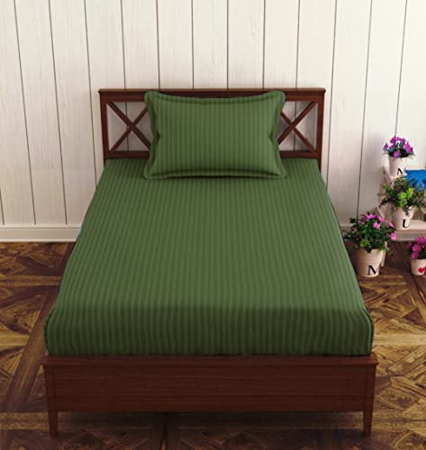 Image of Trance Home Linen 100% Cotton 72x30 inch Single Fitted 200TC Satin Stripe Elastic Fitted Bedsheet | Single Bed Size Daily use Fitted Bedspread with 1 Pillow Covers (72 inchx30 inch | 6x2.5 feet,Moss Green)