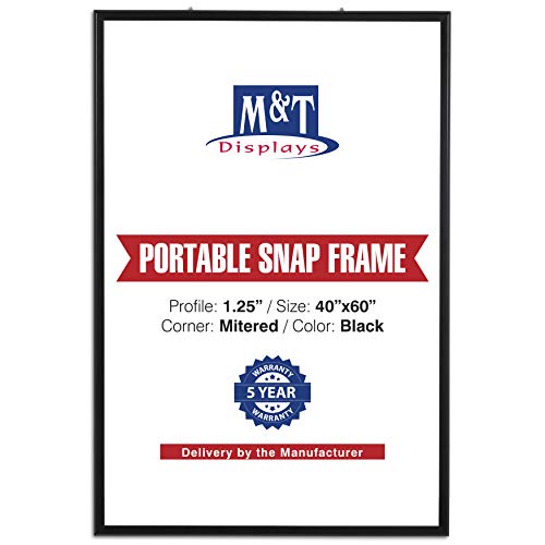 M&T Displays Portable Snap Poster Frame 1.25 Aluminum Profile Front Loading Wall Mounting Photo Picture Document Certificate Sign Holder Mitered Corner Anti Glare Cover (Black 40x60 in)
