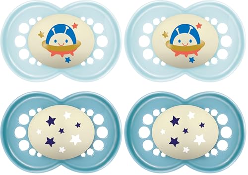 MAM Chupete de Látex de Caucho Natural, Brilla en la Oscuridad, a Partir de 16 Meses, con Tetina Simétrica, Plana y Flexible, con Caja Autoesterilizadora, Azul Brillante, Pack de 2uds (Paquete de 2)