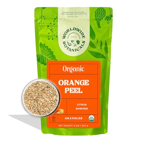 Worldwide Botanicals Organic Orange Peel, Granules – 8 ounces - 100% Citrus sinensis – Sweet Orange Rind, Pith & Zest for Adding Brightness To Teas, Baked Goods, Savory Dishes, & Sauces