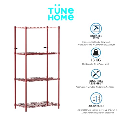 Image of 4-Shelves Wheels Heavy Duty Steel Storage Rack | Multipurpose Shelving Unit for Kitchen, Home & Utility (Red, 4 Shelves Wheels)