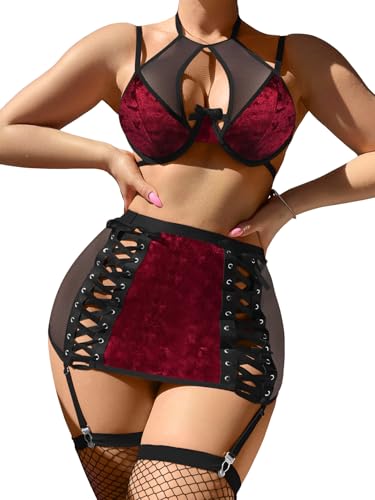 Image of Foxiny Sexy Cutout Halter Underwire Leather Mesh Sheer Mini Skirt Stocking Lingerie Set 4 Piece Outfits