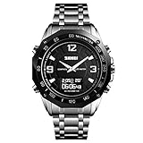 TONSHEN Herrenuhr Outdoor Sportuhr LED Elektronik Digital Kompass Schrittzähler Kalorien Thermometer DREI Zeit Alarm Stoppuhr Datum Edelstahl Militär Armbanduhr (Silber)