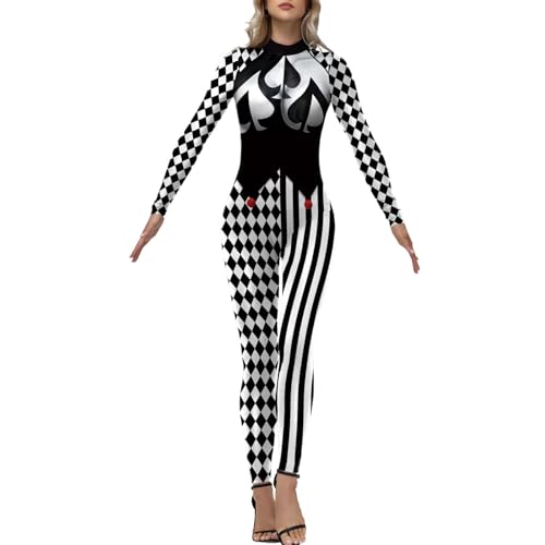 Bemeiren Jester Costume for Womens Creepy Clown Bodysuit Scary Joker Long Sleeve Outfit Costume Halloween Cosplay by Bemeiren - Used condition - US$28.74