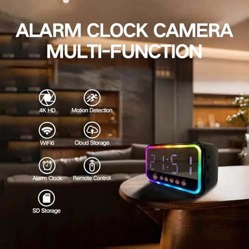 Image of ULar 4K Camera Wireless Clock USB-Powered Picture Taking Cam-Motion Detection Pet Monitors for Home Indoor Security Cameras Support App Remote Colorful Alarm Clock - No Audio