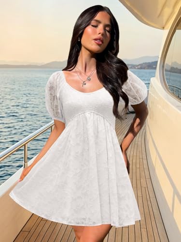 Image of Womens Babydoll Dress 2026 Summer Casual Puff Sleeve V Neck Cute Boho Smocked Flowy Short Sundress Beach Mini Dresses
