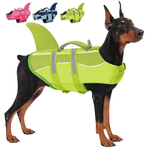 SUNFURA Dog Life Jacket - Shark Dog Life Vest for Swimming Boating, Reflective Lifejacket with High Buoyancy and Rescue Handle, Adjustable Lifesaver for Small Medium Large Breeds, Green XL