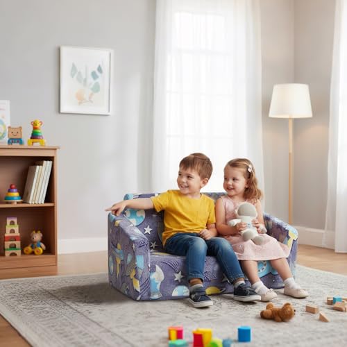 Miniatura 2 de Alldomess Convertible Sofa Para Niños 2 En 1, Plegable Sofa Infantil Brilla En La Oscuridad Para Niñas Y Niños, Estable Silla Niño 2 Plazas Para Dormitorio Sala De Juegos,Cohete